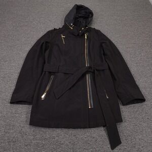Michael Kors Coat Womens Small Black Belted Hooded Parka Fleece Lined Softshell